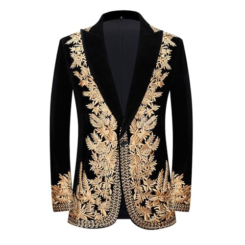 PYJTRL Herren Blazer/Anzugjacke mit goldfarbener Stickerei, Schwarz,Peak Lapels,XS von PYJTRL