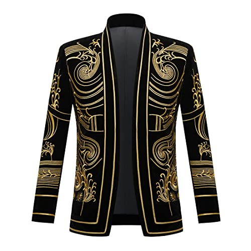 PYJTRL Herren Blazer/Anzugjacke mit goldfarbener Stickerei, Schwarz (XS, goldene Blume) von PYJTRL