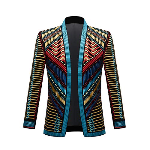 PYJTRL Herren Blazer/Anzugjacke mit goldfarbener Stickerei, Schwarz (S, Blaues Gold) von PYJTRL