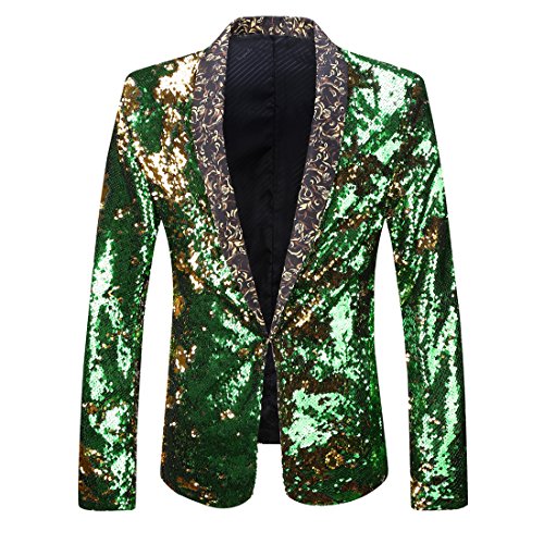 PYJTRL Herren-Blazer mit 2 Farben und glänzenden Pailletten (3XL, Gold + Grün) von PYJTRL