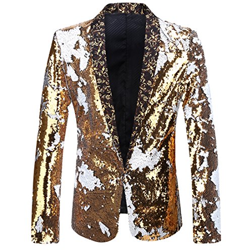 PYJTRL Herren-Blazer mit 2 Farben und glänzenden Pailletten (3XL, Gold + Weiß) von PYJTRL