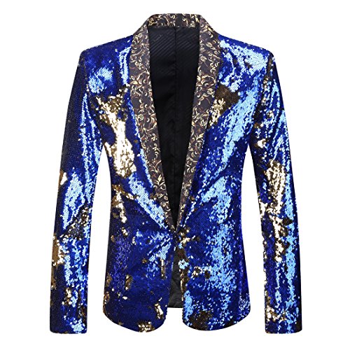 PYJTRL Herren-Blazer mit 2 Farben und glänzenden Pailletten (3XL, Königsblau + Gold) von PYJTRL