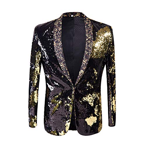 PYJTRL Herren-Blazer mit 2 Farben und glänzenden Pailletten (L, Schwarz/Goldfarben) von PYJTRL