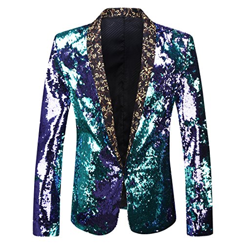 PYJTRL Herren-Blazer mit 2 Farben und glänzenden Pailletten (XS, Blau + Violett) von PYJTRL