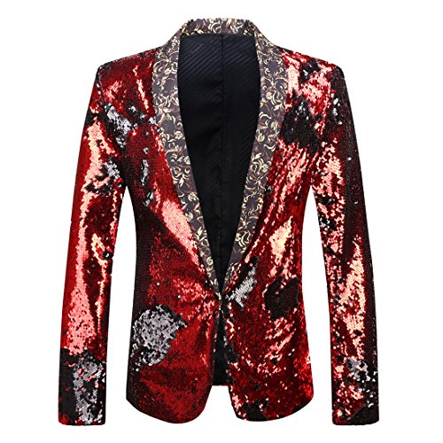 PYJTRL Herren-Blazer mit 2 Farben und glänzenden Pailletten (XS, Rot + Schwarz) von PYJTRL