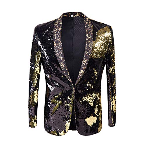 PYJTRL Herren-Blazer mit 2 Farben und glänzenden Pailletten (XXL, Schwarz/Goldfarben) von PYJTRL