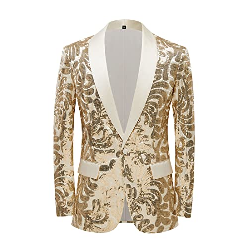 PYJTRL Herren-Blazer mit elegantem Satingesicht und Pailletten, Blumenmuster (XS, Champagner Gold) von PYJTRL