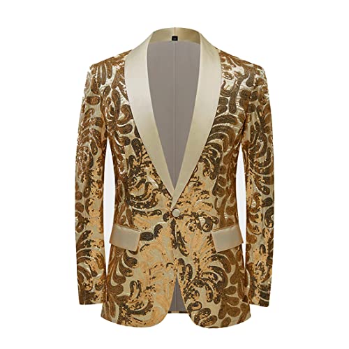 PYJTRL Herren-Blazer mit elegantem Satingesicht und Pailletten, Blumenmuster (XS, Gold) von PYJTRL