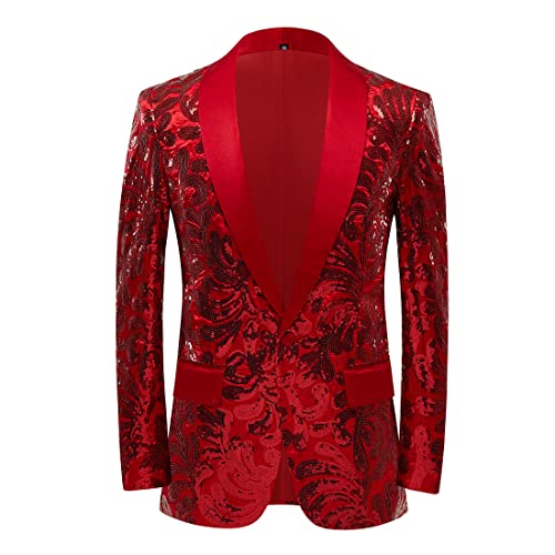 PYJTRL Herren-Blazer mit elegantem Satingesicht und Pailletten, Blumenmuster (XS, rot) von PYJTRL