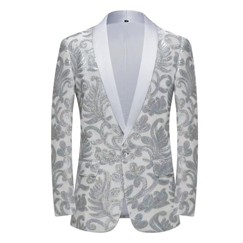 PYJTRL Herrenmode Samt Pailletten Blumenmuster Anzugjacke Blazer(Silver,M) von PYJTRL