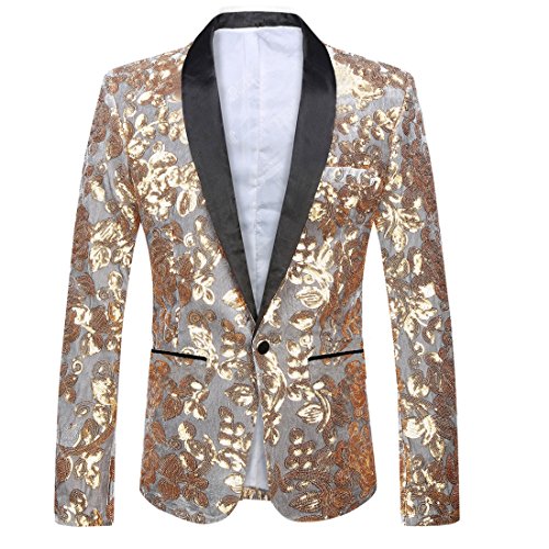 PYJTRL Herrenmode Samt Pailletten Blumenmuster Anzugjacke Blazer (3XL, Gold) von PYJTRL