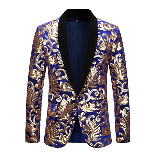 PYJTRL Herrenmode Samt Pailletten Blumenmuster Anzugjacke Blazer (L, Blau 01) von PYJTRL