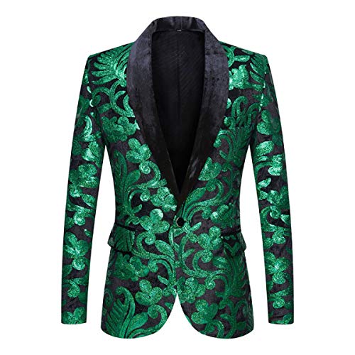 PYJTRL Herrenmode Samt Pailletten Blumenmuster Anzugjacke Blazer (S, Grün) von PYJTRL