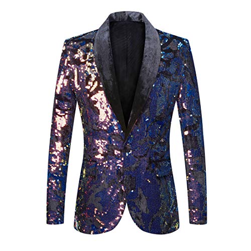 PYJTRL Herrenmode Samt Pailletten Blumenmuster Anzugjacke Blazer (S, Samt - Blau) von PYJTRL