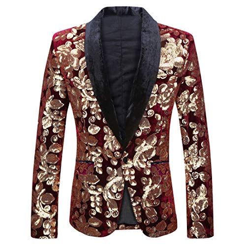 PYJTRL Herrenmode Samt Pailletten Blumenmuster Anzugjacke Blazer (S, Weinrot 01) von PYJTRL