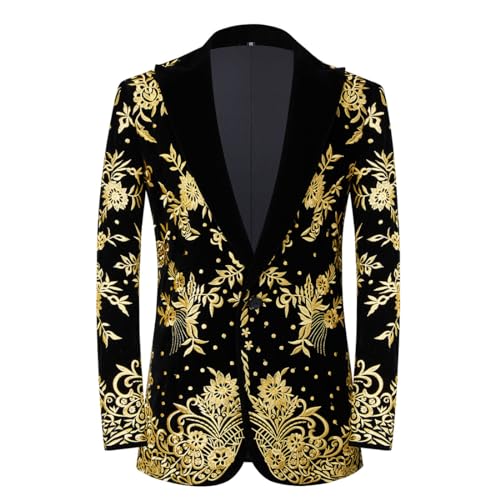 PYJTRL Stylischer Herren-Blazer Court Prince aus schwarzem Samt mit goldfarbener Stickerei, Champagnerfarben / goldfarben, L von PYJTRL