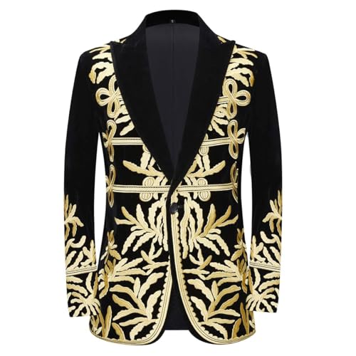 PYJTRL Stylischer Herren-Blazer Court Prince aus schwarzem Samt mit goldfarbener Stickerei, Deep Gold, M von PYJTRL