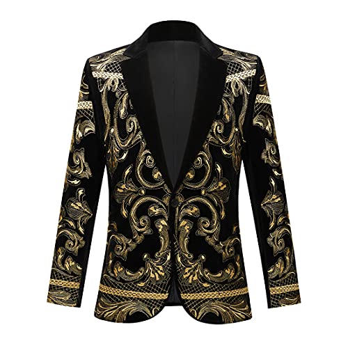 PYJTRL stylische Herren-Jacke im Prinzen-Stil, schwarzer Samt mit Goldstickerei, Blazer, Anzugjacke, gold, XL von PYJTRL