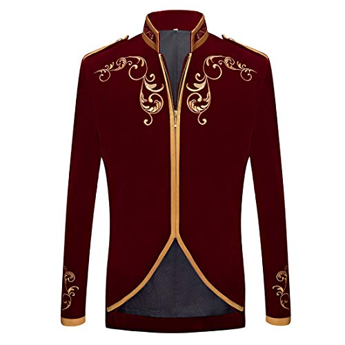 PYJTRL stylische Herren-Jacke im Prinzen-Stil, schwarzer Samt mit Goldstickerei, Blazer, Anzugjacke, weinrot, S von PYJTRL