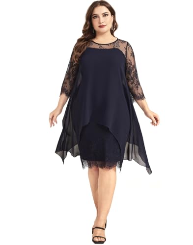 PYL Damen Plus Size Elegant Chiffon Kleid Floral Spitze Bleistift Kleider für Cocktail Hochzeitsgäste, Marineblau, Large Mehr von PYL