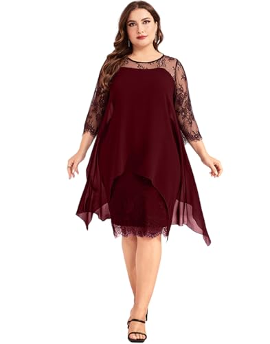 PYL Damen Plus Size Elegant Chiffon Kleid Floral Spitze Bleistift Kleider für Cocktail Hochzeitsgäste, Weinrot, XXX-Large Mehr von PYL