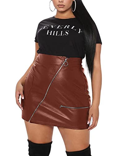 PYL Damen Plus Size Reißverschluss PU Kunstleder Rock Kurz Hohe Taille Mini Bodycon, Khaki, 3XL Mehr von PYL