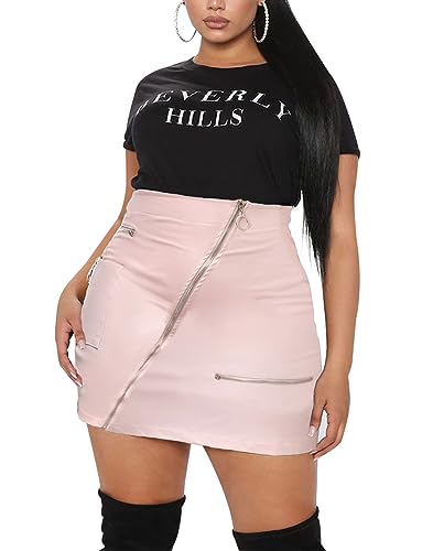 PYL Damen Plus Size Reißverschluss PU Kunstleder Rock Kurz Hohe Taille Mini Bodycon, Pink, Large Mehr von PYL