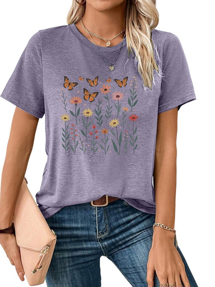 PYLIKE Kurzarmbluse Damen Sommer Casual bequemes T-Shirt mit Schmetterling Print Shirts von PYLIKE