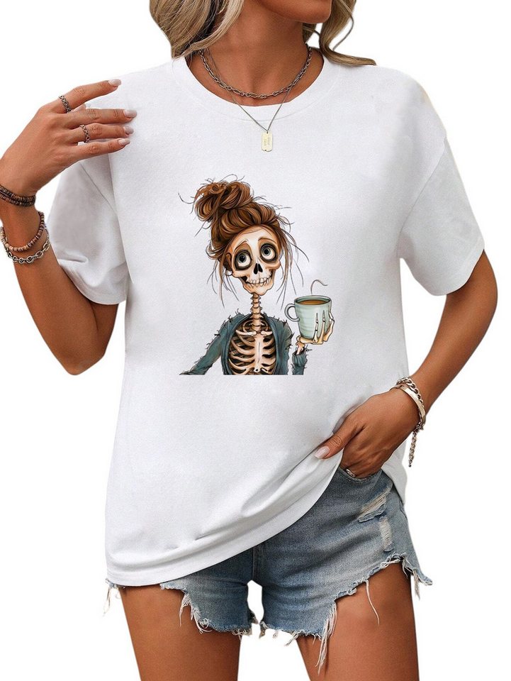 PYL Kurzarmbluse Damen Sommer Kurzarmbluse Locker Kaffee-Mädchen Print-Shirt von PYL