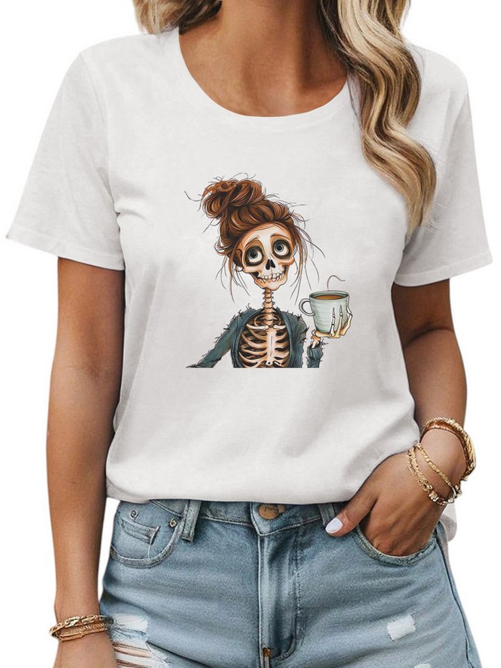 PYLIKE Kurzarmbluse Damen Sommer Kurzarmbluse Locker Kaffee-Mädchen Print-Shirt von PYLIKE