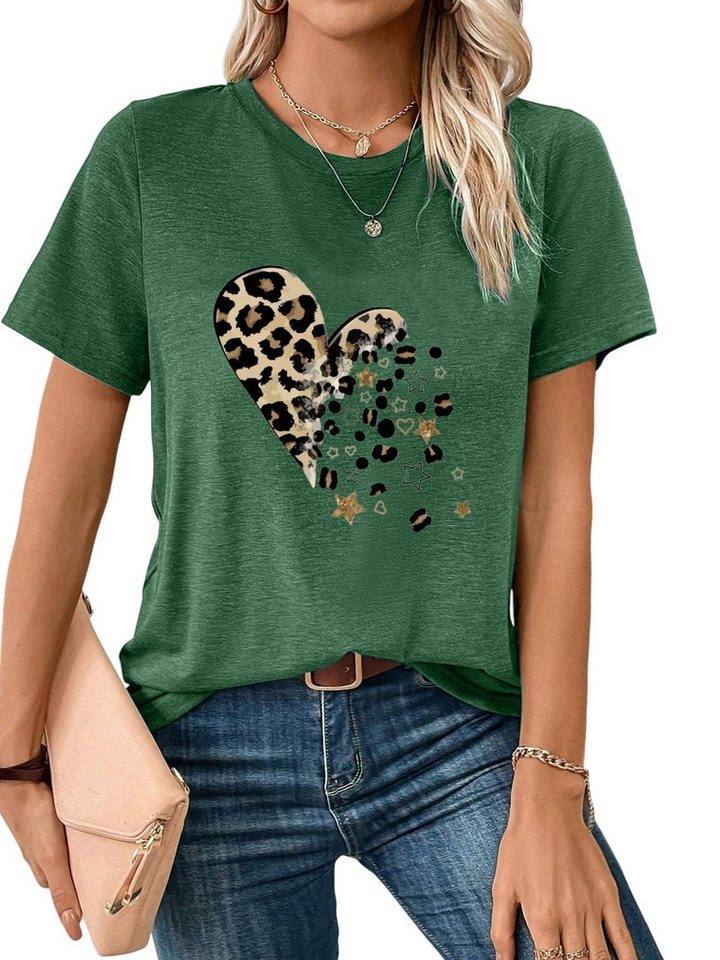 PYLIKE Kurzarmshirt Damen bequemes Sommer Kurzarmbluse Locker Leopardenherz Print-Shirt Bequem für Freizeit und Büro von PYLIKE