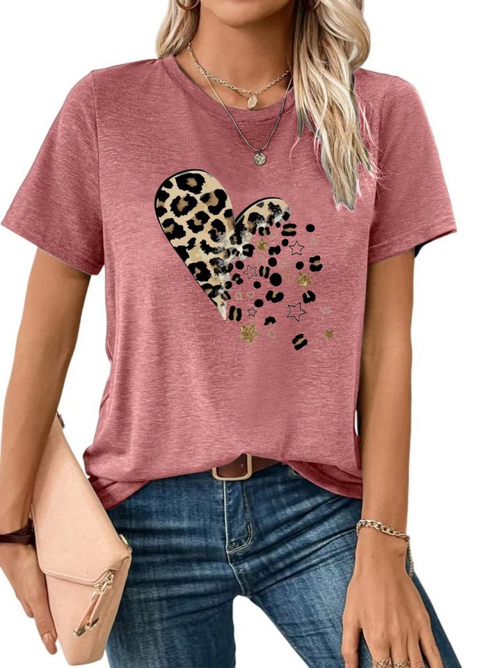 PYLIKE Kurzarmshirt Damen bequemes Sommer Kurzarmbluse Locker Leopardenherz Print-Shirt Bequem für Freizeit und Büro von PYLIKE