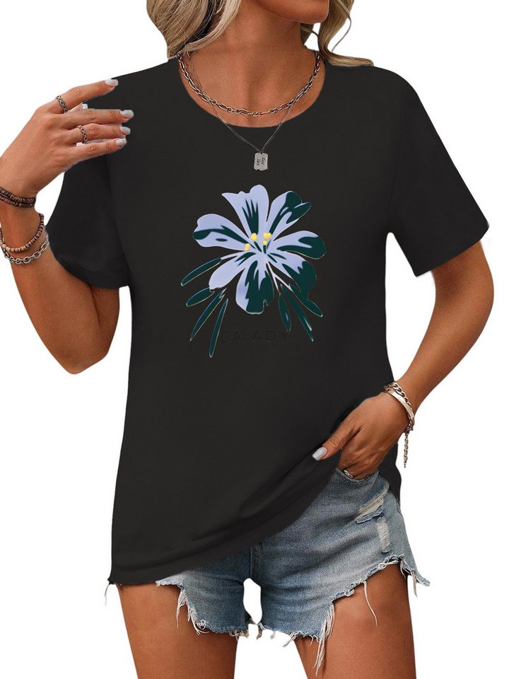PYL Rundhalsshirt Damen Sommershirt Kurzarm mit Blumen Ausgefallene Tees Bequem für Freizeit und Büro,Strandurlaub von PYL