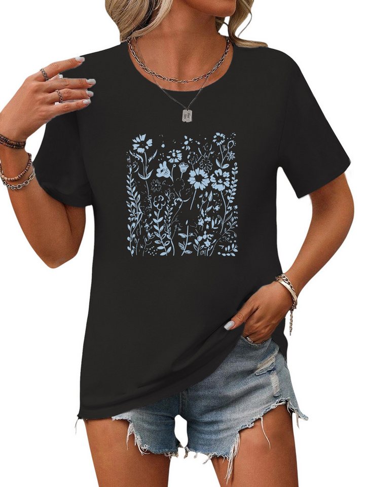 PYL Rundhalsshirt Damen Sommershirt Kurzarm mit Blumen Ausgefallene Tees Bequem für Freizeit und Büro,Strandurlaub von PYL