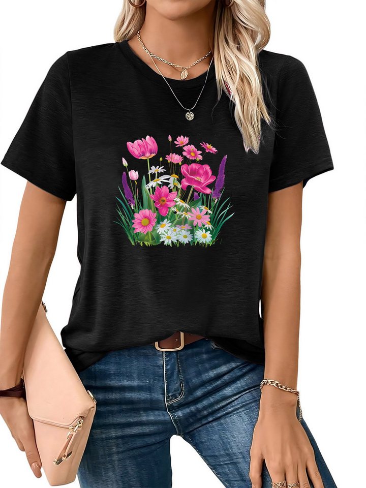 PYL Rundhalsshirt Damen bequemes Sommer Kurzarmbluse Locker Blumen Print-Shirt Bequem für Freizeit und Büro,Strandurlaub von PYL