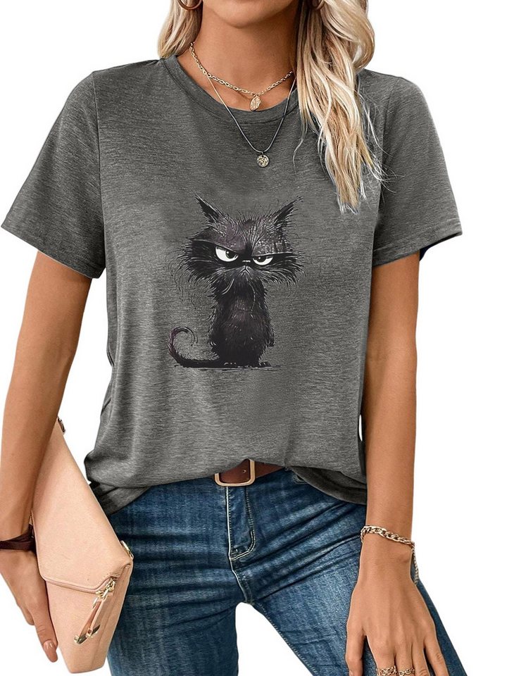 PYLIKE Rundhalsshirt Damen bequemes Sommer Kurzarmbluse Slim Fit Katze Print-Shirt Bequem für Freizeit und Büro von PYLIKE