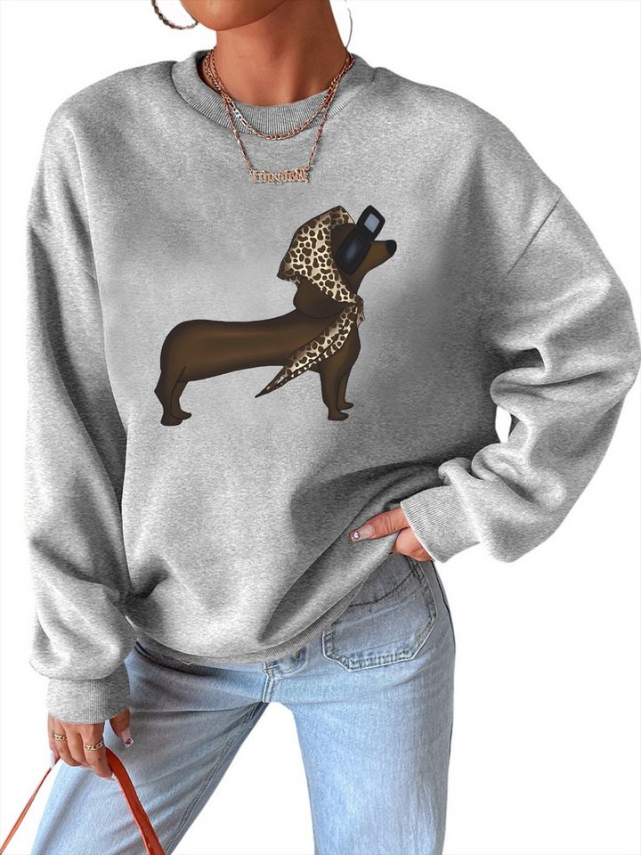 PYLIKE Fleecepullover Damen Dackel Print Sweatshirt, Casualmode mit Dropped Shoulders Bequem für Herbst & Winter von PYLIKE