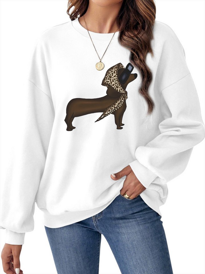 PYLIKE Fleecepullover Damen Dackel Print Sweatshirt, Casualmode mit Dropped Shoulders Bequem für Herbst & Winter von PYLIKE