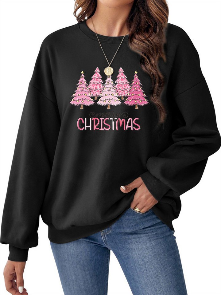 PYLIKE Fleecepullover Damen Festlich Sweatshirts mit Rosa Weihnachtsbaum Druck Bequem für Weihnachten Herbst & Winter von PYLIKE