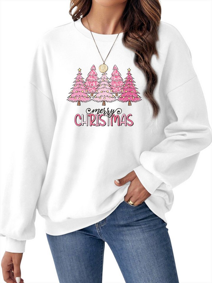 PYLIKE Fleecepullover Damen Festlich Sweatshirts mit Rosa Weihnachtsbaum Druck Bequem für Weihnachten Herbst & Winter von PYLIKE