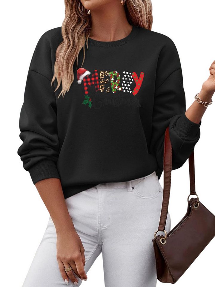 PYLIKE Fleecepullover Damen Oversized Sweatshirt mit Weihnachten Print, Warm aus Fleece-Mix Besondere Weihnachts-Outfits von PYLIKE