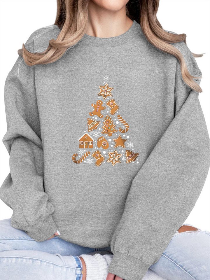 PYLIKE Fleecepullover Damen Pullover mit Lebkuchenmann Print, Fleecepullove für Weihnachten Festlich Weihnachten-Fleecepullover,Bequem für Herbst & Winter von PYLIKE