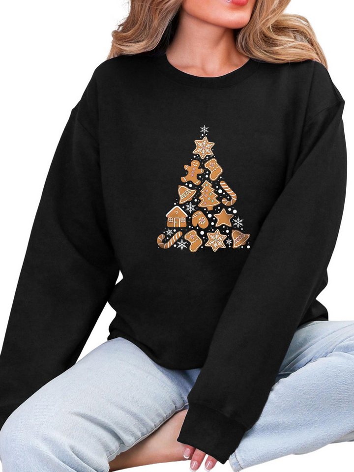PYLIKE Fleecepullover Damen Pullover mit Lebkuchenmann Print, Fleecepullove für Weihnachten Festlich Weihnachten-Fleecepullover,Bequem für Herbst & Winter von PYLIKE