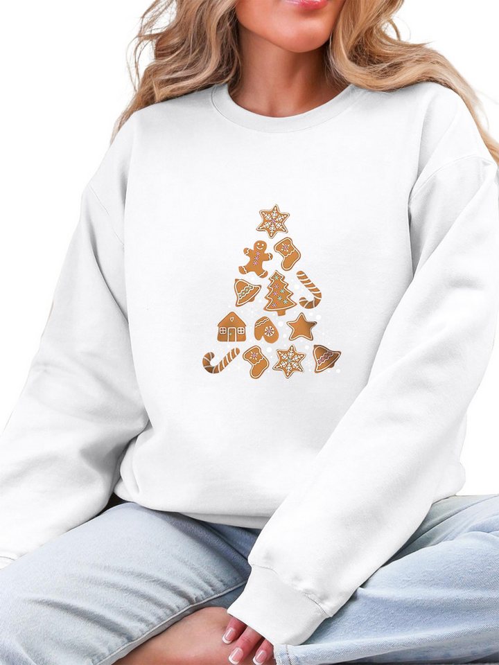 PYLIKE Fleecepullover Damen Pullover mit Lebkuchenmann Print, Fleecepullove für Weihnachten Festlich Weihnachten-Fleecepullover,Bequem für Herbst & Winter von PYLIKE
