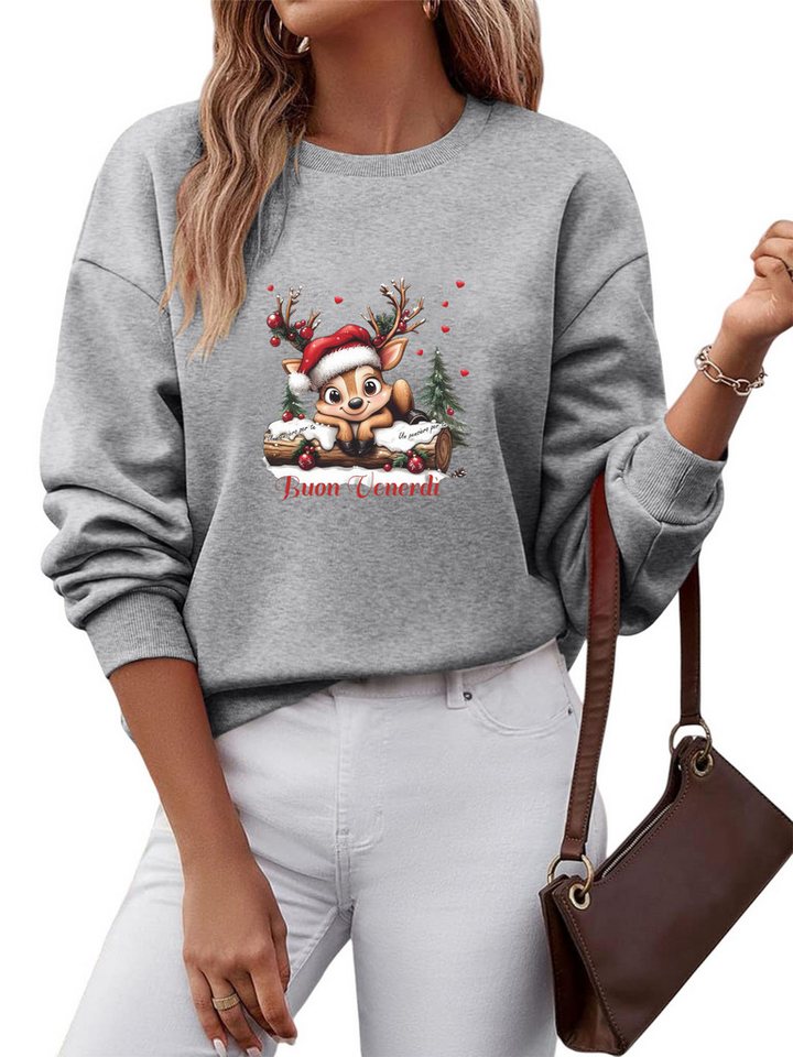 PYLIKE Fleecepullover Damen Rundhals Sweatshirt mit Elch Print, Lockerer Fleecepullover Besondere Weihnachts-Outfits von PYLIKE