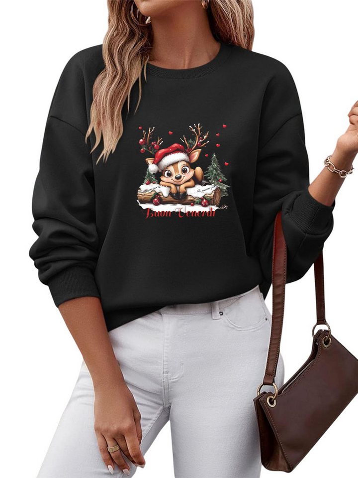PYLIKE Fleecepullover Damen Rundhals Sweatshirt mit Elch Print, Lockerer Fleecepullover Besondere Weihnachts-Outfits von PYLIKE