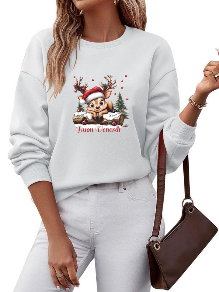 PYLIKE Fleecepullover Damen Rundhals Sweatshirt mit Elch Print, Lockerer Fleecepullover Besondere Weihnachts-Outfits von PYLIKE