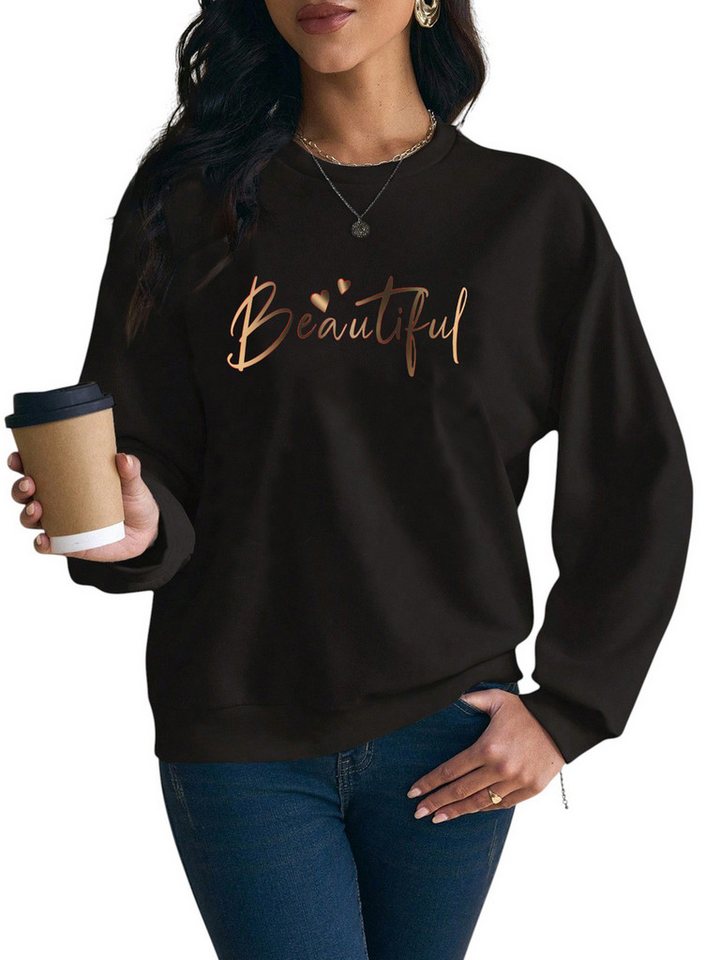 PYLIKE Fleecepullover Damen Rundhals Sweatshirt mit Print, Lockerer Langarm Fleecepullover Bequem für Herbst & Winter von PYLIKE