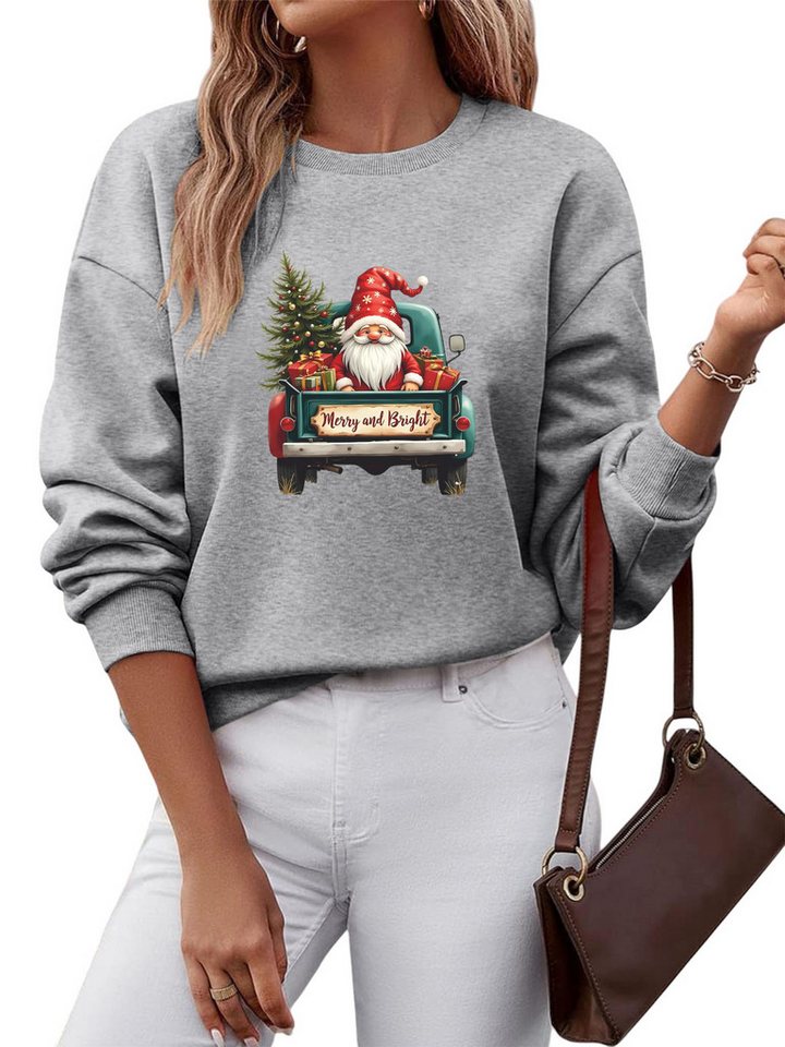 PYLIKE Fleecepullover Damen Rundhals Sweatshirt mit Weihnachtsmann Print Besondere Weihnachts-Outfits von PYLIKE