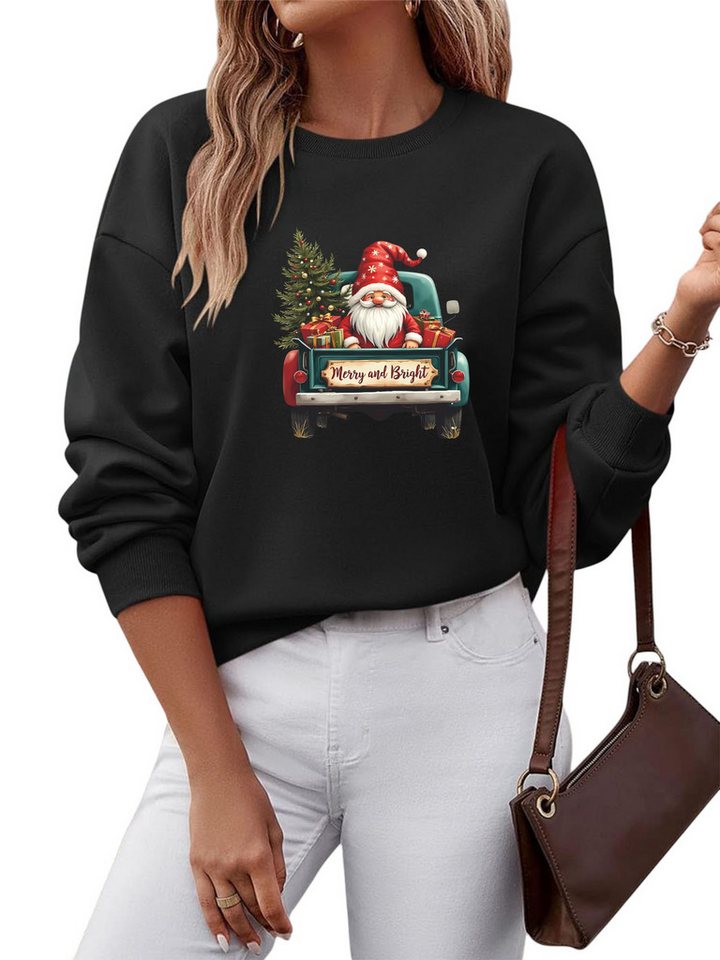 PYLIKE Fleecepullover Damen Rundhals Sweatshirt mit Weihnachtsmann Print Besondere Weihnachts-Outfits von PYLIKE
